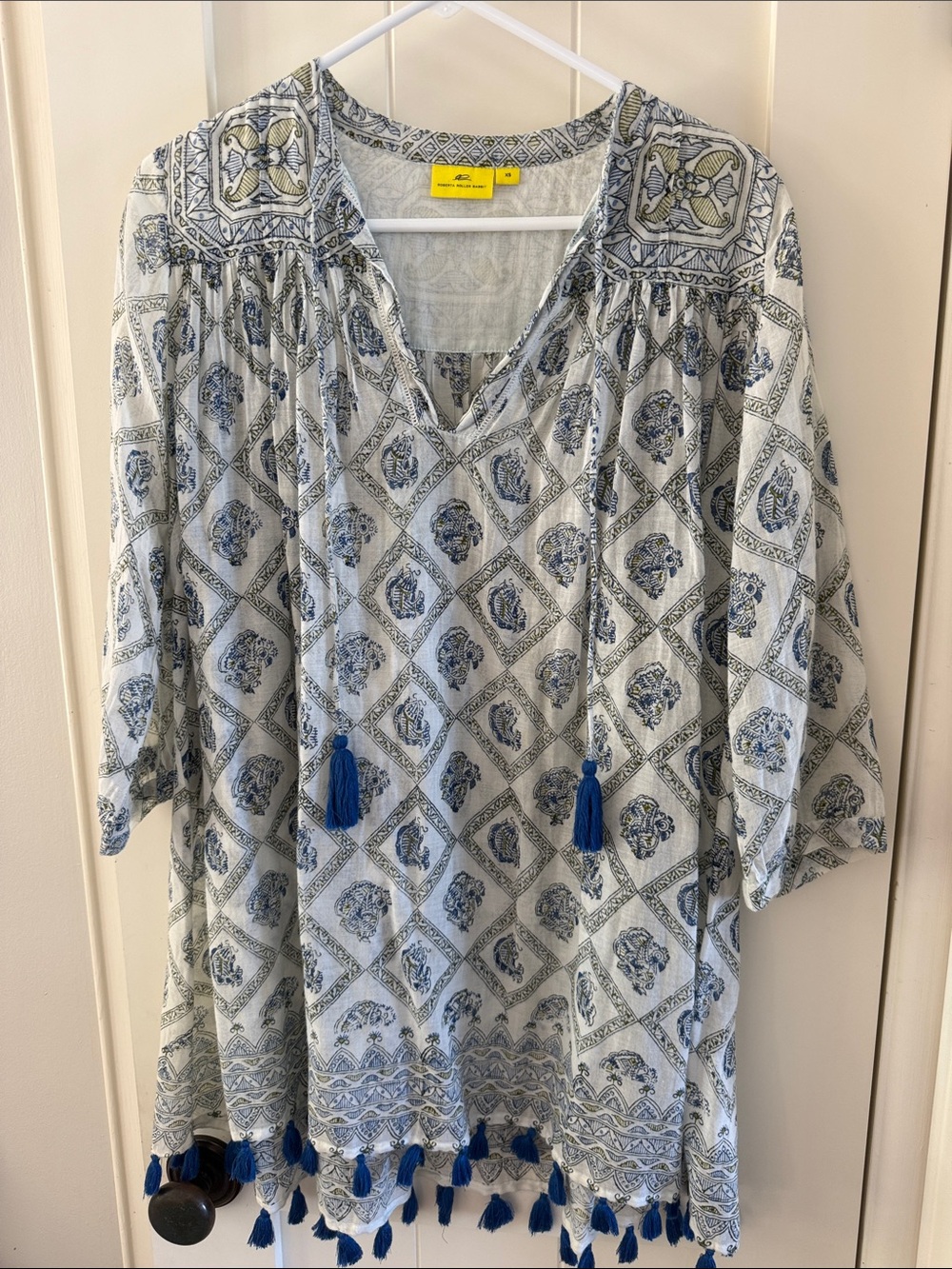 Roberta Roller Rabbit White Tunic with Blue Tassel Trim
